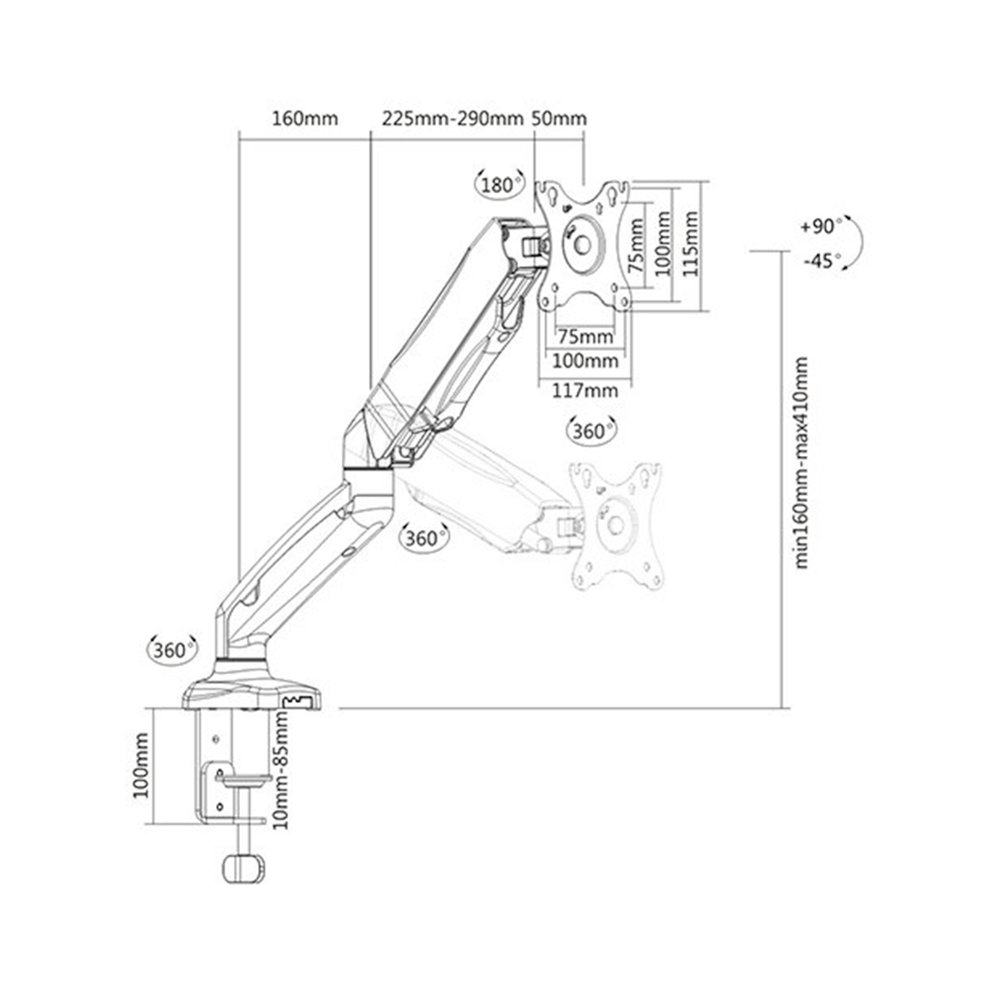 Настольный кронштейн с газлифтом Brateck LDT13-C012 для 1 монитора (13"-32")